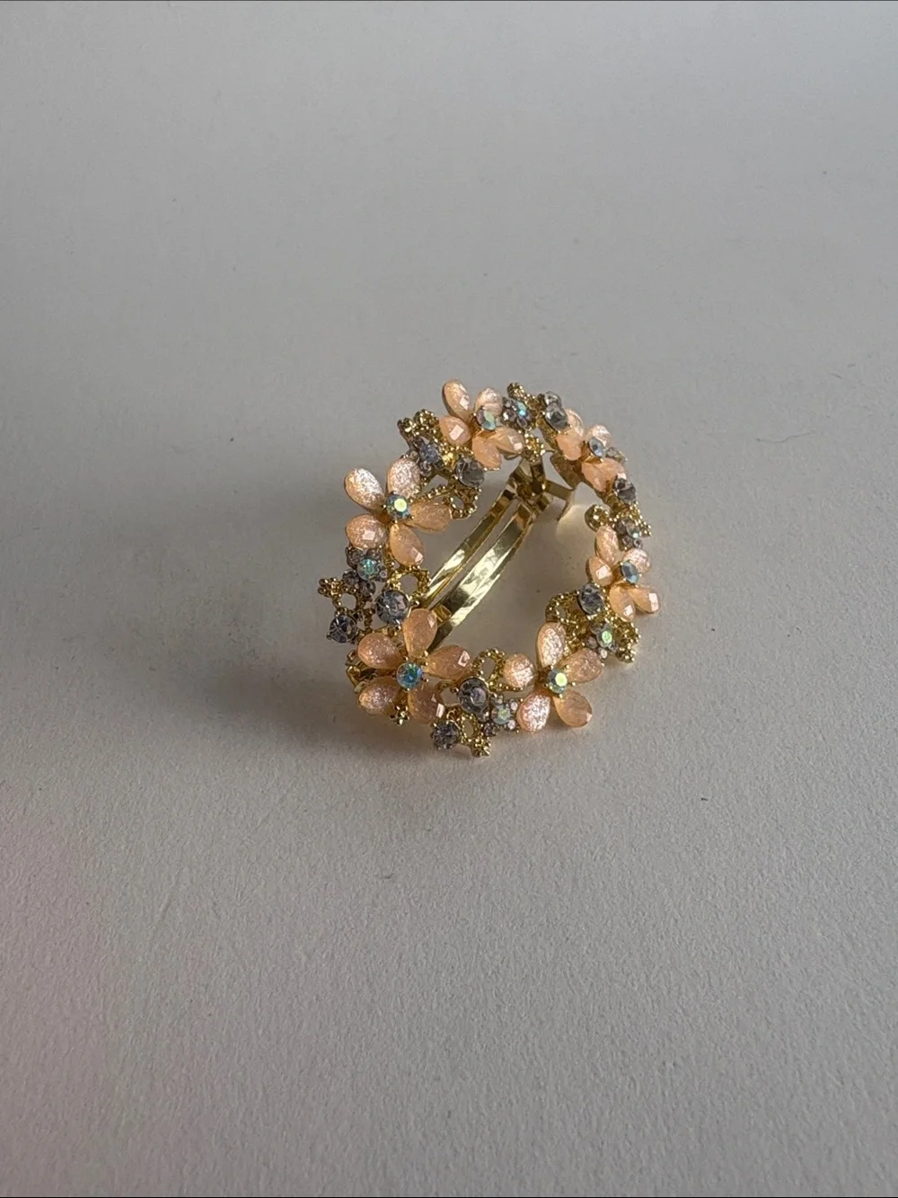 Gold Floral Hair Barrette Peach Flowers Crystal Rhinestone Accent